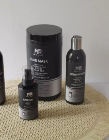 Coffret HR Hair Care Réparation Professionnelle avec shampoing, après-shampoing, masque 1000 ml et huile fortifiante pour cheveux abîmés.